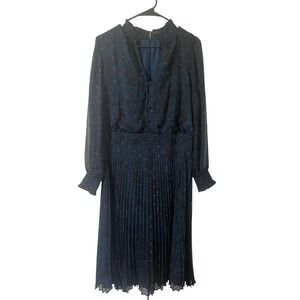 Ann Taylor Midnight Blue Floral Pleated Dress 14 Dark Academia Moody Whimsy Goth